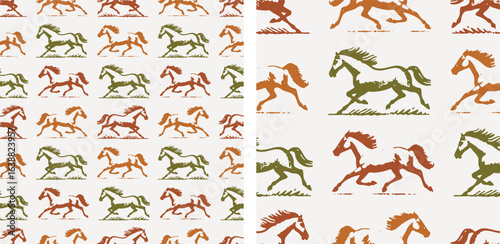 Running Horses Western Cowboy Seamless Pattern Vector Art in Rustic Orange and Green