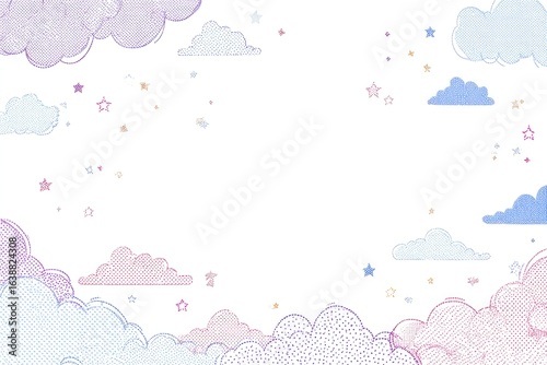 Pastel clouds and stars in a whimsical border.  Soft, textured clouds in shades of lavender, pink, and blue fill the corners of the image, creating a frame around a blank white space. 