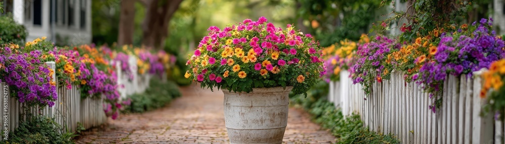 Hibiscus fence with giant planter concept. Vibrant flower arrangement in a garden with colorful blooms. Hibiscus fence with giant planter concept. Vibrant flower arrangement in a garden with colorful blooms.