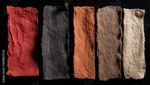 Five rectangular strips of handcrafted paper, varying in terracotta, dark gray, burnt orange, brown, and beige tones, lie flat against a black background.  Textured surfaces, uneven edges