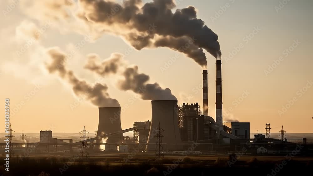 Industrial Factory Complex Emitting Smoke Under an Orange Hued Sunset Sky with Contrail Chimneys Industrial Factory Complex Emitting Smoke Under an Orange Hued Sunset Sky with Contrail Chimneys