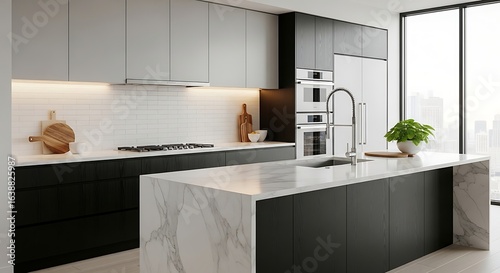 Luxurious contemporary kitchen design featuring a white marble waterfall island, two-tone cabinetry, and integrated appliances.