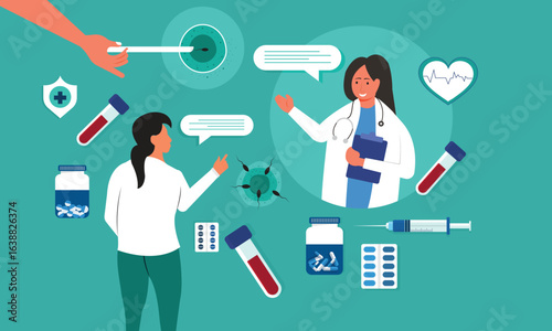 Assisted reproductive technology or ART. Doctor discussing IVF with a hopeful woman, showcasing ovary and medical instruments. Advanced fertility treatment