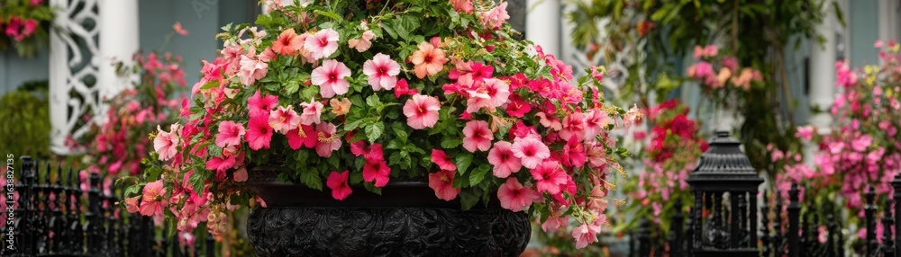 Fototapeta premium Hibiscus fence with giant planter concept. Vibrant floral display in a decorative planter, showcasing beauty.
