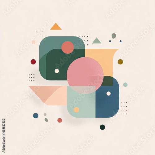 Abstract geometric shapes in pastel colors, overlapping and layered on a light background, with dotted patterns and small circles