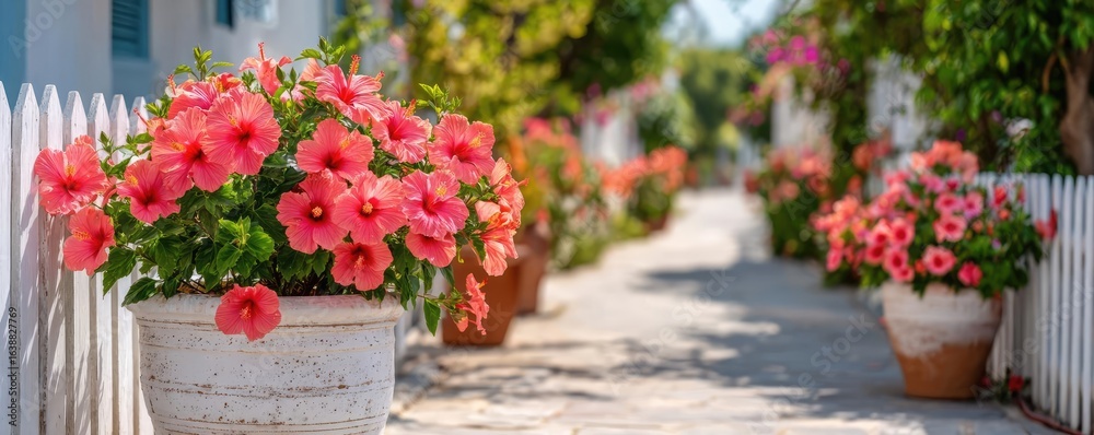 Obraz premium Hibiscus fence with giant planter concept. Vibrant flowers line a picturesque walkway in a sunny garden.