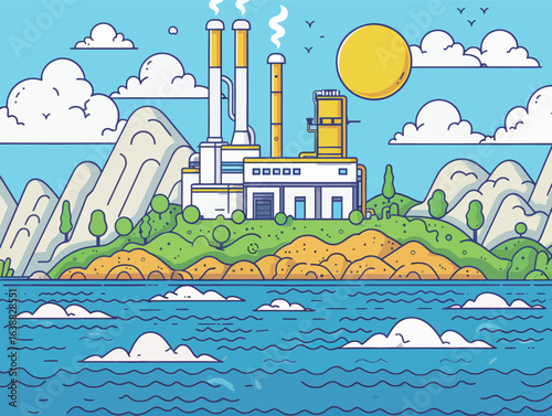 A cartoon drawing of a factory with a large body of water in the background. Scene is peaceful and serene, with the factory and the water creating a contrast between industry and nature