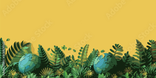 A yellow background with a paper globe and trees. The trees are green and the sky is blue
