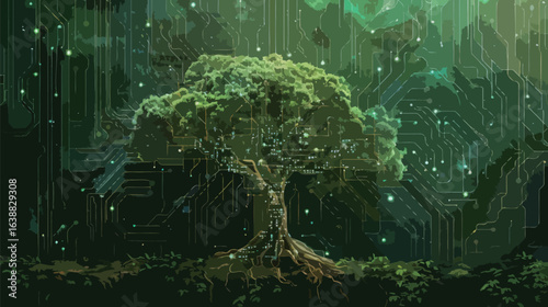 A tree with glowing lights is the main focus of the image. The tree is surrounded by a forest of glowing lights, creating a surreal and dreamlike atmosphere