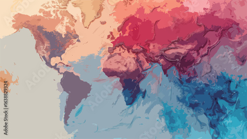 A colorful world map with blue, red and yellow colors. The map is abstract and has a lot of detail