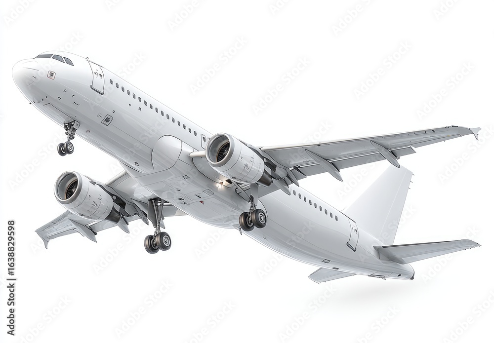 Fototapeta premium White jet airplane in flight against white background