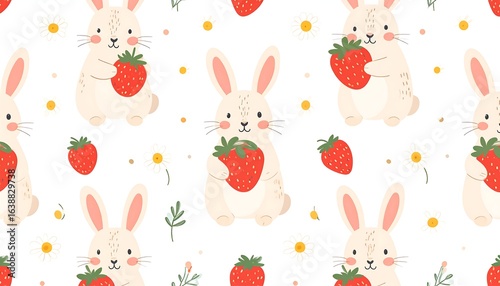 Seamless pattern of cute bunnies holding strawberries and daisies