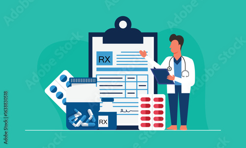 Rx medical prescription concept male doctor sends the patient prescription to the clipboard