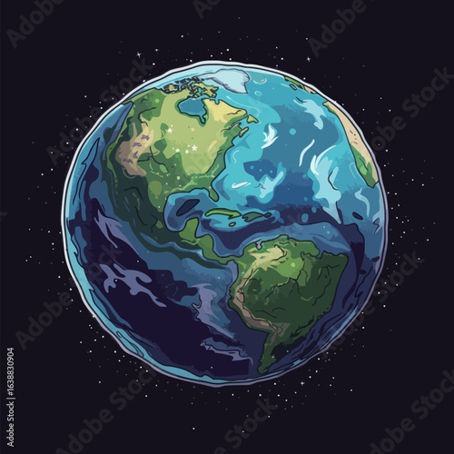 A cartoon drawing of the Earth with a blue sky and white clouds. The drawing is in black and white and has a very simple and clean style