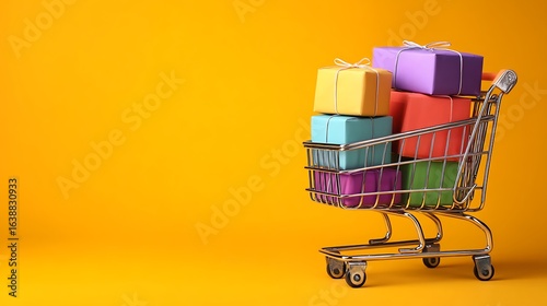 Ready for shopping spree with delightful colorful gifts in a shiny shopping cart on vibrant yellow background