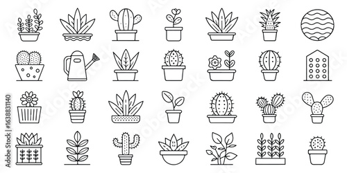 Collection of minimalist line art plant icons featuring diverse cacti succulents and greenery potted and ready for your gardening or botanical themed designs