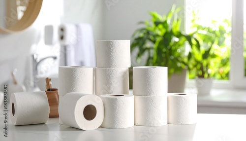Toilet paper rolls on a countertop in a bathroom