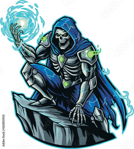 A skeletal figure in a blue hooded cloak conjures a glowing energy orb, sitting on a rocky surface.