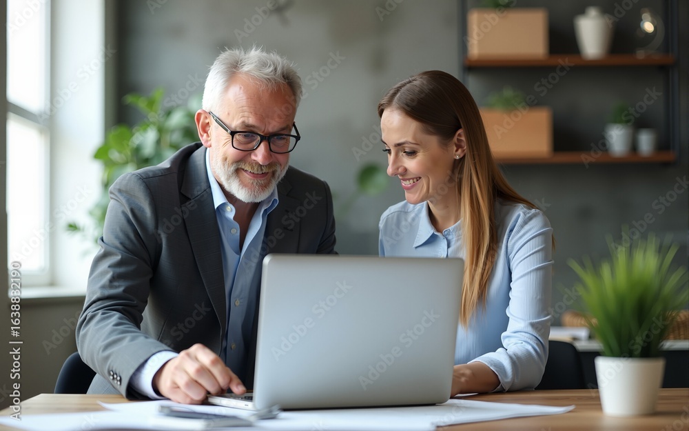 Mature mentor senior leader man showing young woman employee project on laptop in office. Two partners, colleagues, team of professional financial business people working at desk. Banner, copy space Mature mentor senior leader man showing young woman employee project on laptop in office. Two partners, colleagues, team of professional financial business people working at desk. Banner, copy space