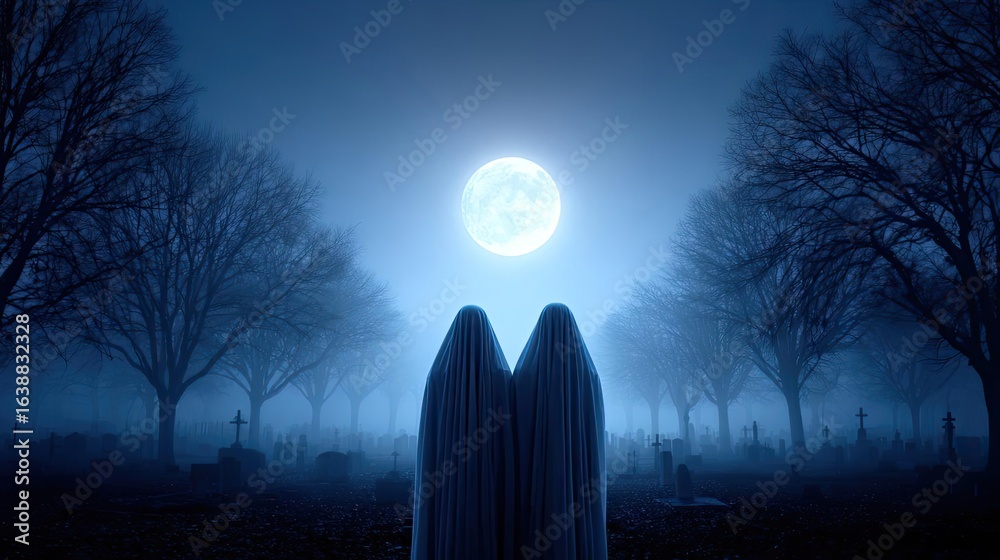 Fototapeta premium Ghost hug beyond the embrace concept. Eerie figures in a moonlit graveyard shrouded in mist.