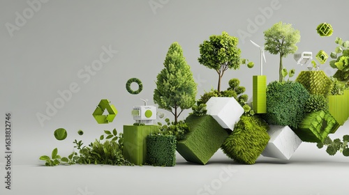 Vibrant modern eco-friendly landscape showcasing sustainable growth and renewable energy with lush greenery and abstract design elements