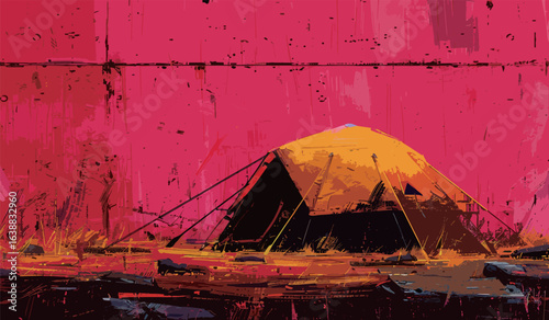 A tent is painted on a pink background. The tent is yellow and black