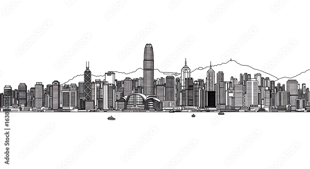 Naklejka premium Hong Kong Skyline Illustration with Victoria Peak and Boats on the Water