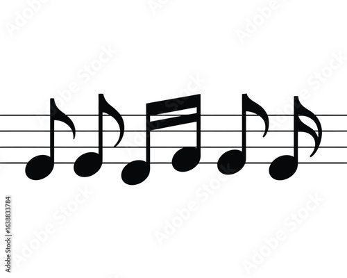 Monochrome vector graphic of musical notes on a five-line staff, representing a melody and rhythm.