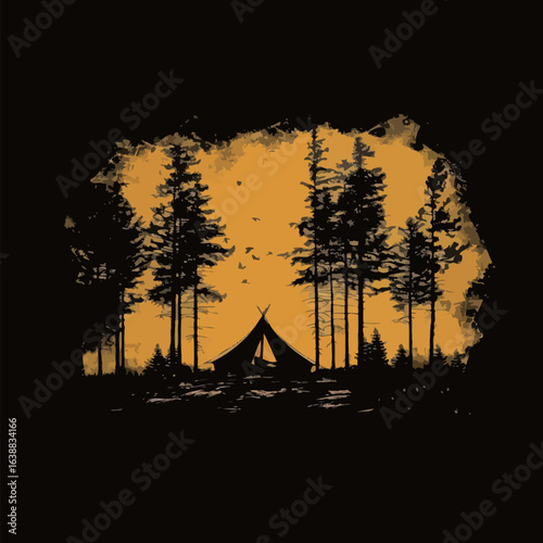 A black and yellow painting of a forest with a teepee in the middle. The teepee is surrounded by trees and there are birds flying around it. The painting has a mood of peacefulness and serenity