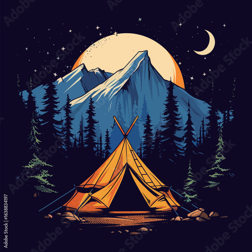 A painting of a campfire with a large orange moon in the background. The painting has a mood of warmth and relaxation, as it depicts a peaceful camping scene