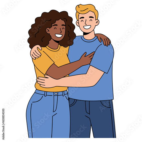 A joyful and diverse couple sharing a warm embrace, a beautiful illustration of love, happiness, and a strong multicultural relationship.