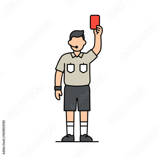 Illustration of a soccer referee holding a red card to signal an expulsion or sending off penalty.
