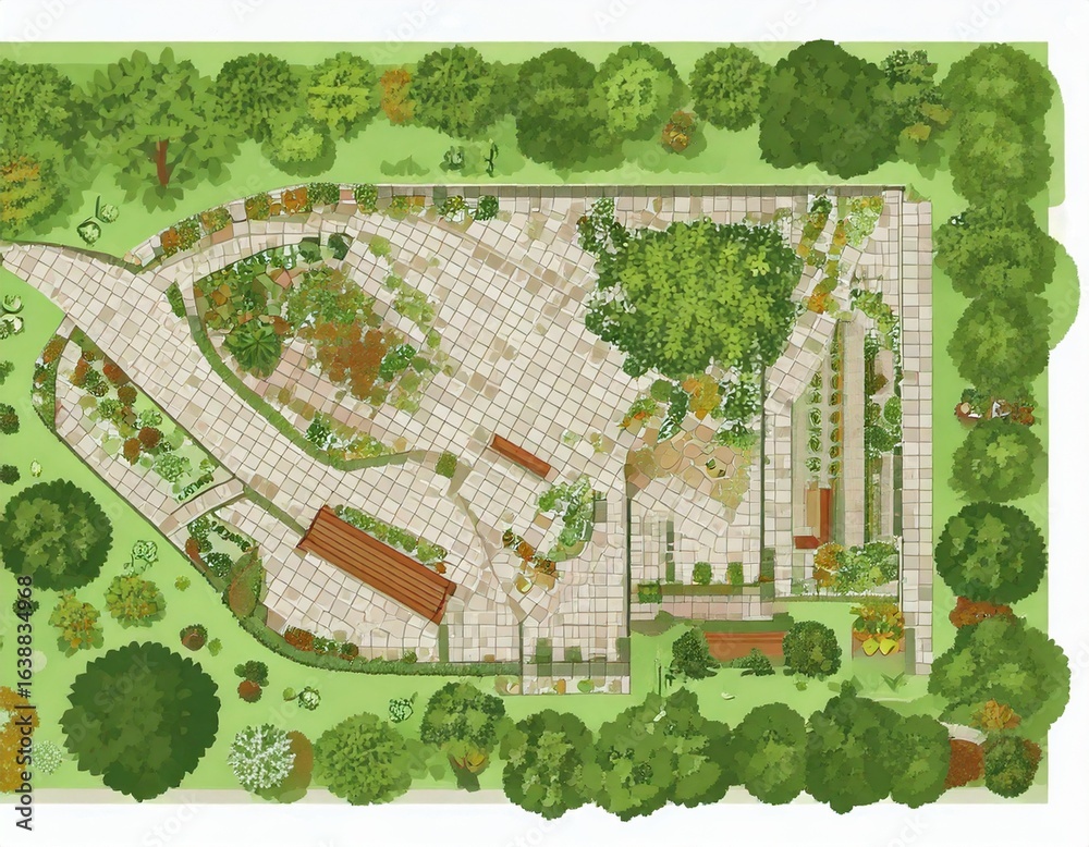 Fototapeta premium Top view tree. Aerial landscape green planting, park map vegetation and tropical fore