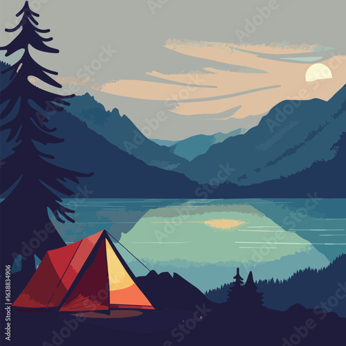 A tent is set up in front of a lake in the mountains. The sky is dark and the moon is shining brightly. The scene is peaceful and serene, with the only sounds being the gentle lapping of the water