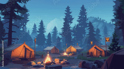 A campsite with three tents and a fire pit. The atmosphere is peaceful and serene. The fire pit is surrounded by rocks and logs, and the tents are set up in a clearing. The night sky is dark