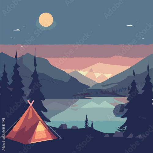 A tent is set up in front of a lake in the mountains. The sky is dark and the moon is shining brightly. The scene is peaceful and serene, with the only sounds being the gentle lapping of the water