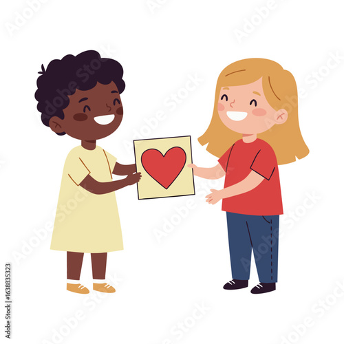 A beautiful depiction of interracial friendship, with two happy young girls sharing a handmade card with a big red heart symbol.