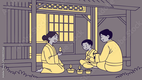 Japanese family celebrating obon festival with candles in traditional home setting vector illustration