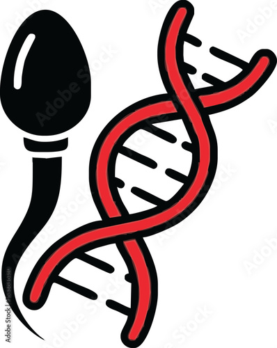 A stylized graphic illustration of a sperm cell and a DNA double helix, representing reproduction and genetics.