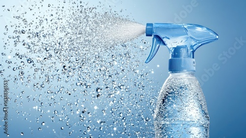 A translucent blue plastic spray bottle, with a blue trigger, emits a fine mist of water droplets against a light blue background.  