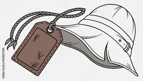 Illustration of a pith helmet with a brown tag hanging from a gray rope on a white background