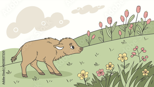 Illustration of a young bison walking in a field with flowers and clouds in the background scene