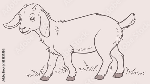 A charming line drawing of a young goat standing in a grassy field with floppy ears and small horns