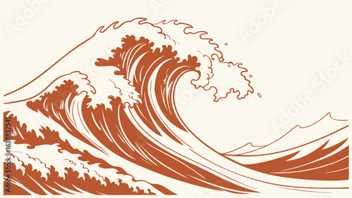 Illustration of a large ocean wave with stylized crests and smaller waves in the foreground on a cream background