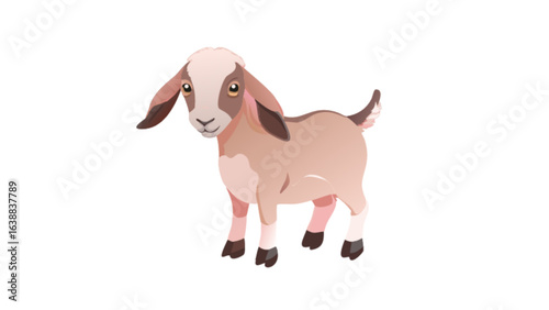 Illustration of a light brown goat with floppy ears and a short tail standing on a white background