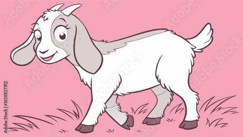 Cartoon goat with white fur and gray markings standing on pink grass against a pink background