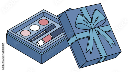A blue makeup kit with eyeshadows, lipsticks and eyeliner inside a gift box with a ribbon bow