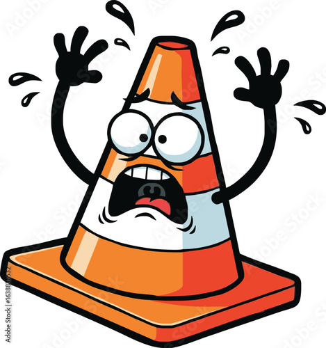 A terrified cartoon traffic cone character screaming and waving its arms in panic.