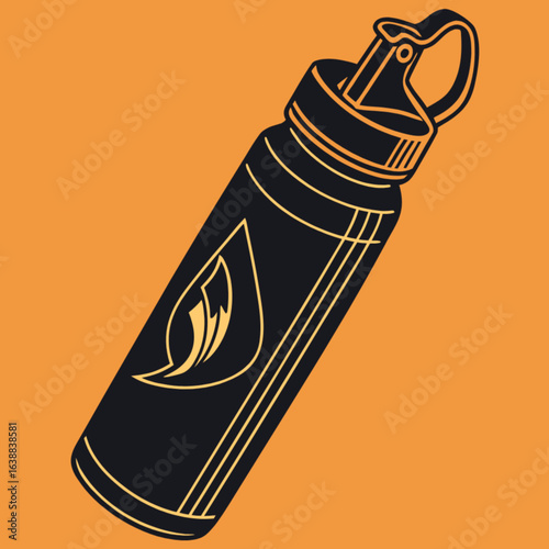 Illustration of a black refillable lighter with a golden flame design on an orange background