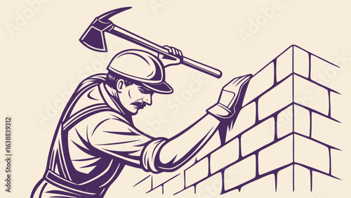 Illustration of a construction worker with a pickaxe building a brick wall in a vintage style